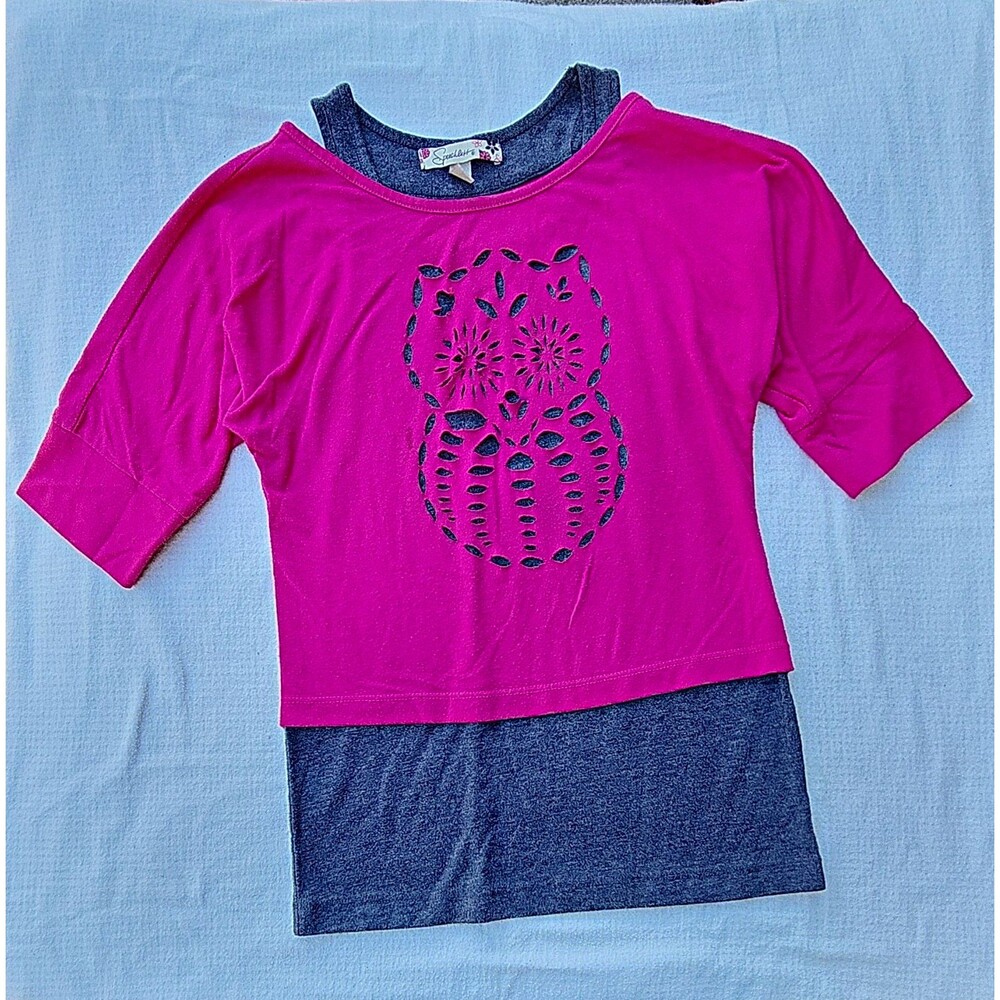 Speechless Colorblock Pink Gray Knit Owl Cut-Out Tee Short Sleeve M *Flawed*